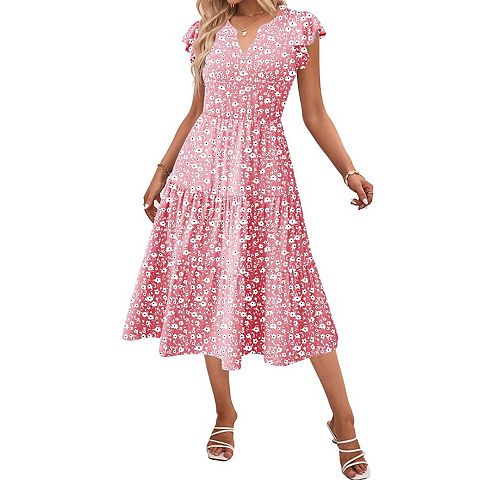 Женские платья Zeagoo Women's V Neck Tiered Midi Swing Dress Short Sleeve Sundress with Pockets