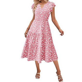 Zeagoo Women's V Neck Tiered Midi Swing Dress Short Sleeve Sundress with Pockets