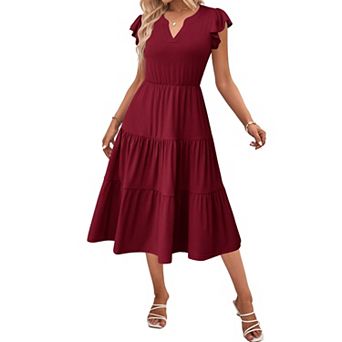 Zeagoo Women's V Neck Tiered Midi Swing Dress Short Sleeve Sundress with Pockets