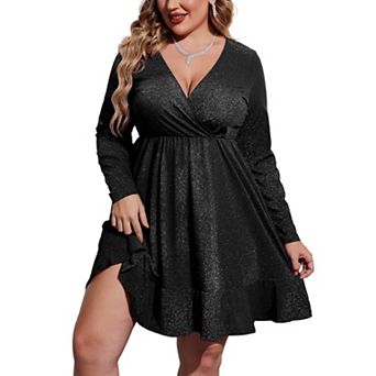 Zeagoo Women's Sequin Glitter Long Sleeve V Neck Pleated Swing Dress Club Party Dresses