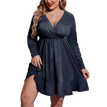 Zeagoo Women's Sequin Glitter Long Sleeve V Neck Pleated Swing Dress Club Party Dresses