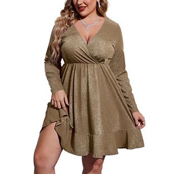 Zeagoo Women's Sequin Glitter Long Sleeve V Neck Pleated Swing Dress Club Party Dresses