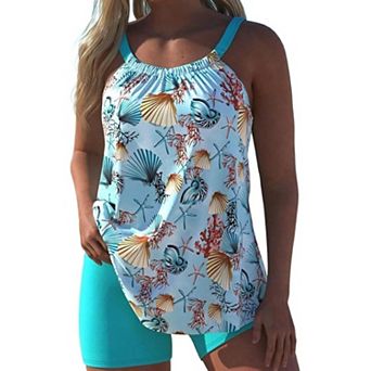 Women's Two Piece Tankini Swimsuit Set Seashell Print Halter Top with Boyshorts Modest Swimwear