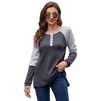 Women's Long Sleeve Color Block Henley Top Waffle Knit Raglan Tunic Shirt with Buttons