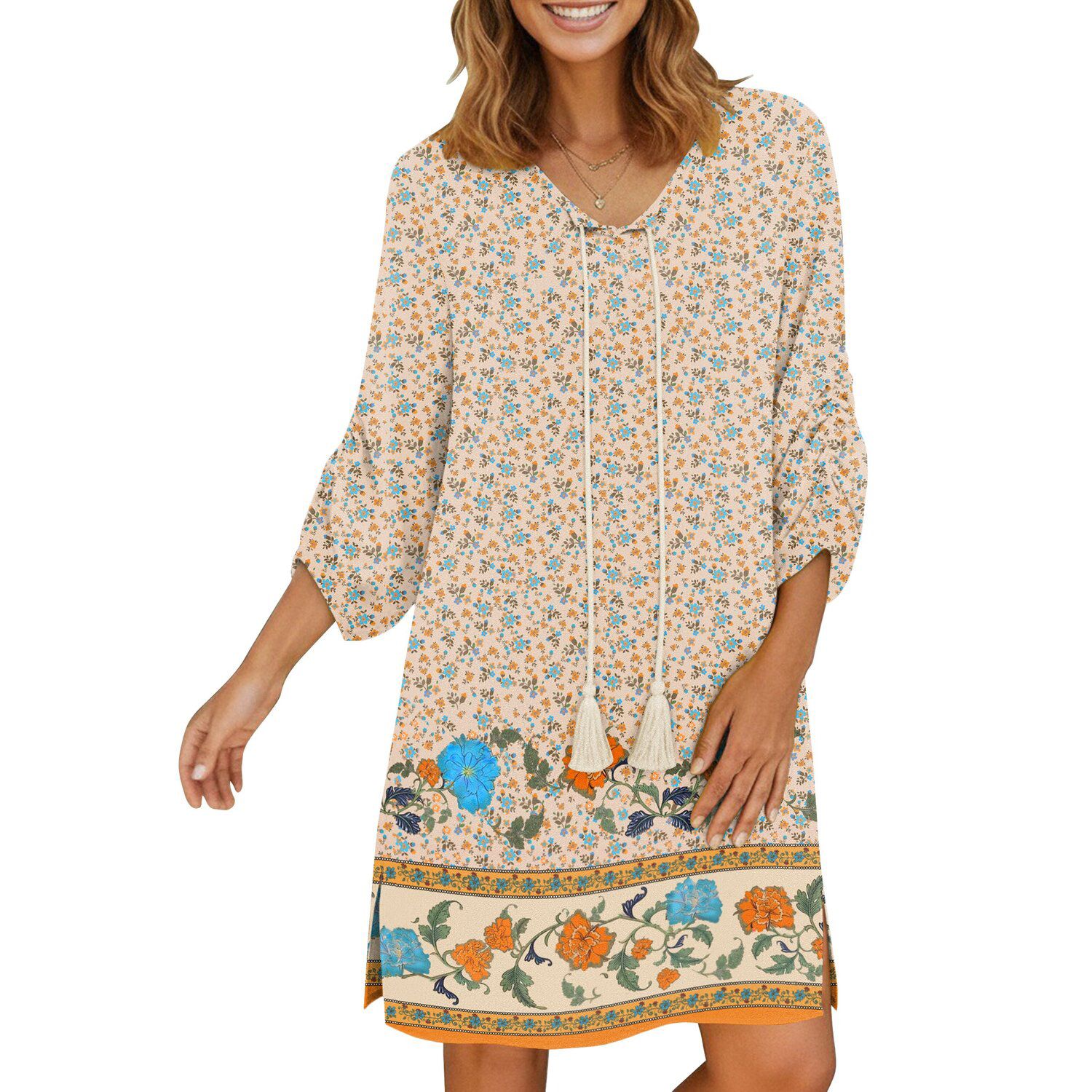 Женские платья Zeagoo Boho V Neck Long Sleeve Babydoll Floral Print Flowy Beach Casual Summer Dresses