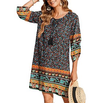 Zeagoo Women's Boho V Neck Long Sleeve Babydoll Floral Print Flowy Beach Casual Summer Dresses