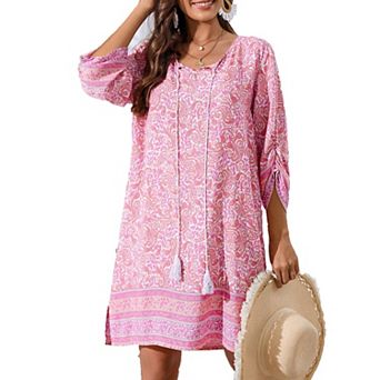 Zeagoo Women's Boho V Neck Long Sleeve Babydoll Floral Print Flowy Beach Casual Summer Dresses