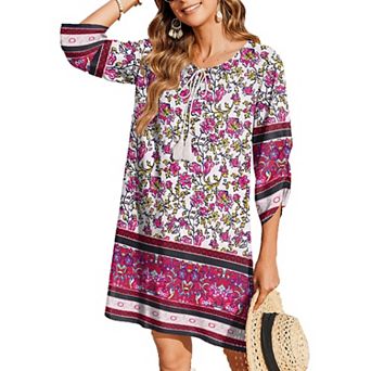 Zeagoo Women's Boho V Neck Long Sleeve Babydoll Floral Print Flowy Beach Casual Summer Dresses