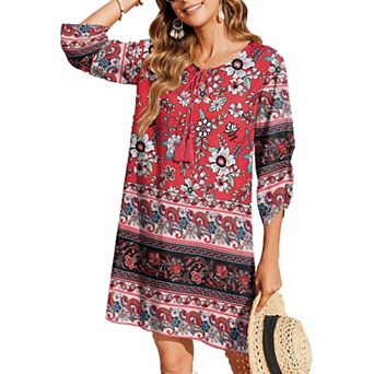 Zeagoo Women's Boho V Neck Long Sleeve Babydoll Floral Print Flowy Beach Casual Summer Dresses