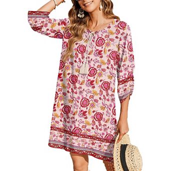 Zeagoo Women's Boho V Neck Long Sleeve Babydoll Floral Print Flowy Beach Casual Summer Dresses