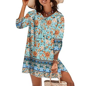 Zeagoo Women's Boho V Neck Long Sleeve Babydoll Floral Print Flowy Beach Casual Summer Dresses
