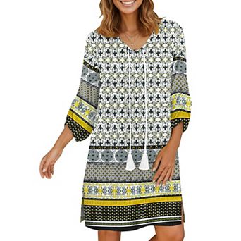 Zeagoo Women's Boho V Neck Long Sleeve Babydoll Floral Print Flowy Beach Casual Summer Dresses
