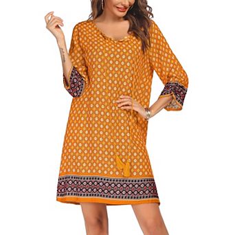 Zeagoo Women's Boho V Neck Long Sleeve Babydoll Floral Print Flowy Beach Casual Summer Dresses