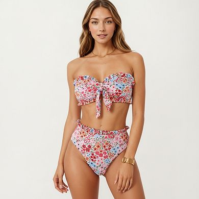 Women's 2-Piece Strapless Bandeau Bikini Set with Front Tie Knot Top High Waisted Ruffle Trim Bottom