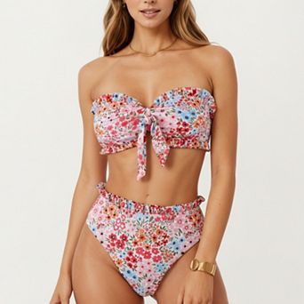 Women's 2 pc Strapless Bandeau Bikini Set with Front Tie Knot Top High Waisted Ruffle Trim Bottom
