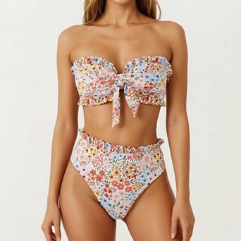 Women's 2 pc Strapless Bandeau Bikini Set with Front Tie Knot Top High Waisted Ruffle Trim Bottom