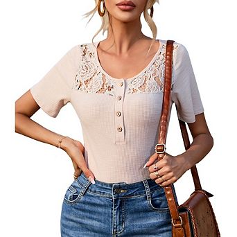Womens Summer Business Work Blouse Tops Lace Short Sleeve Casual Crew Neck Ribbed Tunic with Button