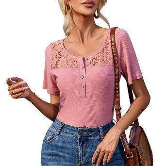 Womens Summer Business Work Blouse Tops Lace Short Sleeve Casual Crew Neck Ribbed Tunic with Button