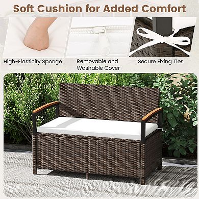 Gymax Outdoor Storage Bench w/Cushion Backrest & Acacia Wood Armrests Hidden Storage