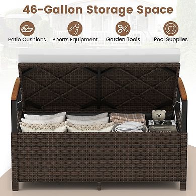 Gymax Outdoor Storage Bench w/Cushion Backrest & Acacia Wood Armrests Hidden Storage