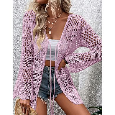 Women's V-Neck Tie Front Mesh Knit Cardigan Bell Sleeve Sweater