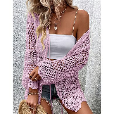 Women's V-Neck Tie Front Mesh Knit Cardigan Bell Sleeve Sweater