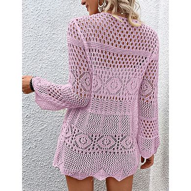 Women's V-Neck Tie Front Mesh Knit Cardigan Bell Sleeve Sweater