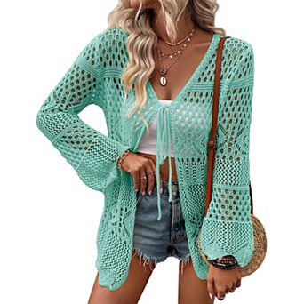 Women's V-Neck Tie Front Mesh Knit Cardigan Bell Sleeve Sweater
