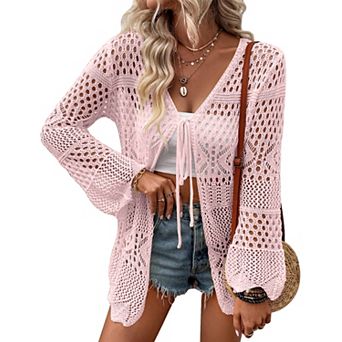 Women's V-Neck Tie Front Mesh Knit Cardigan Bell Sleeve Sweater