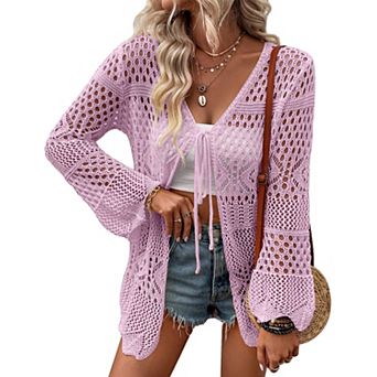 Women's V-Neck Tie Front Mesh Knit Cardigan Bell Sleeve Sweater