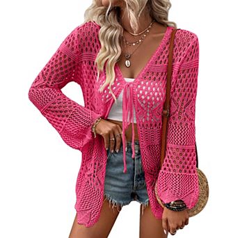 Women's V-Neck Tie Front Mesh Knit Cardigan Bell Sleeve Sweater