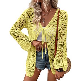 Women's V-Neck Tie Front Mesh Knit Cardigan Bell Sleeve Sweater