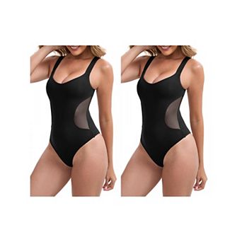 2 Packs Women's Mesh Seamless Buckle Crotch Leotard Wide Straps Push Up Slimming Waist Bodysuits