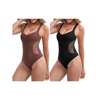2 Packs Women's Mesh Seamless Buckle Crotch Leotard Wide Straps Push Up Slimming Waist Bodysuits