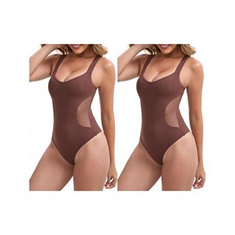2 Packs Women's Mesh Seamless Buckle Crotch Leotard Wide Straps Push Up Slimming Waist Bodysuits