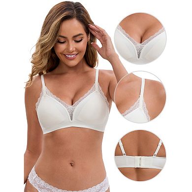 2 Packs Women's Lace Trim Plunge Wireless Push Up Bras Spaghetti Straps No Show Triangle Bra
