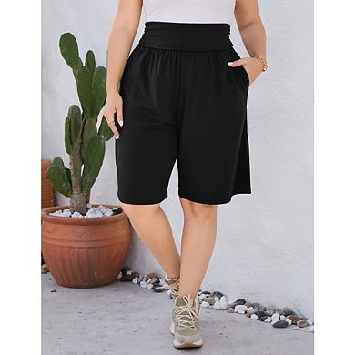Women's Plus Size Lounge Shorts with Pockets Lightweight Soft Relaxed Casual Solid Color Bottom