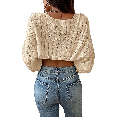 Women's Cropped Open Front Knit Cardigan Long Sleeve Sweater