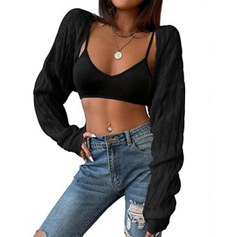 Women's Cropped Open Front Knit Cardigan Long Sleeve Sweater