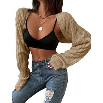 Women's Cropped Open Front Knit Cardigan Long Sleeve Sweater