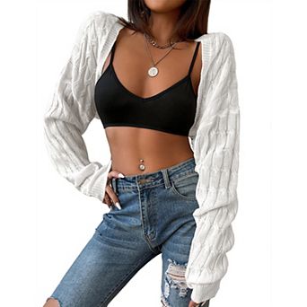 Women's Cropped Open Front Knit Cardigan Long Sleeve Sweater