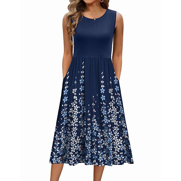 Zeagoo Midi A Line Dress Short Sleeve Casual Flowy T... - Zeagoo Navy Blue Floral / S