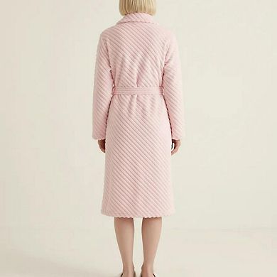 Women's Plush Textured Long Robe with Shawl Collar Tie Waist Belt Soft Warm Full Length Bathrobe