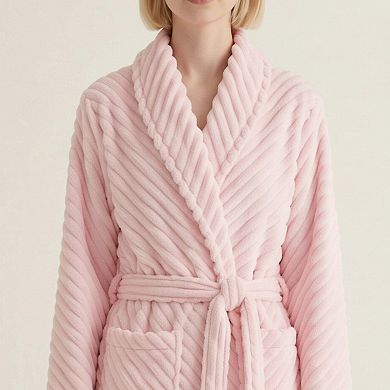 Women's Plush Textured Long Robe with Shawl Collar Tie Waist Belt Soft Warm Full Length Bathrobe