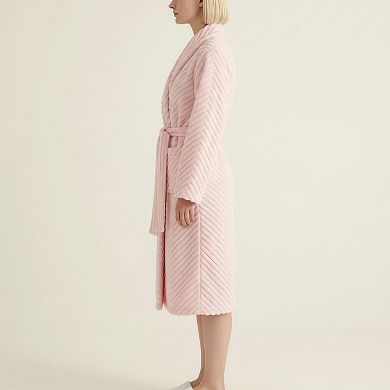 Women's Plush Textured Long Robe with Shawl Collar Tie Waist Belt Soft Warm Full Length Bathrobe