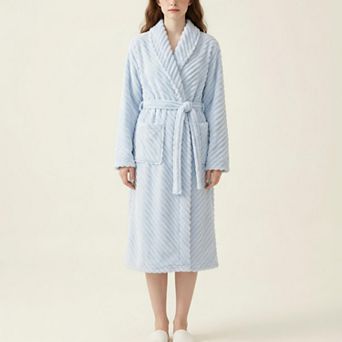 Women's Plush Textured Long Robe with Shawl Collar Tie Waist Belt Soft Warm Full Length Bathrobe