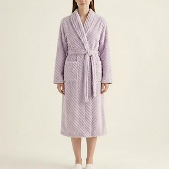 Women's Plush Textured Long Robe with Shawl Collar Tie Waist Belt Soft Warm Full Length Bathrobe