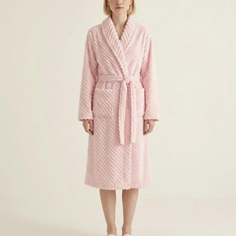 Women's Plush Textured Long Robe with Shawl Collar Tie Waist Belt Soft Warm Full Length Bathrobe