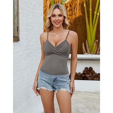 Women's Fitted V-Neck Cami Crop Top Sleeveless Spaghetti Straps with Ruched Front Detail