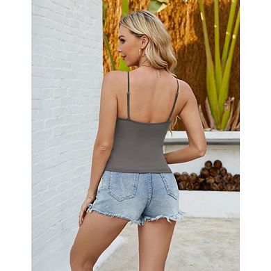 Women's Fitted V-Neck Cami Crop Top Sleeveless Spaghetti Straps with Ruched Front Detail